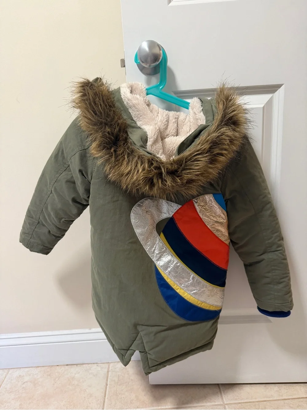 Kids Boden 5-6Y Olive Green Winter Parka with Faux Fur Hood